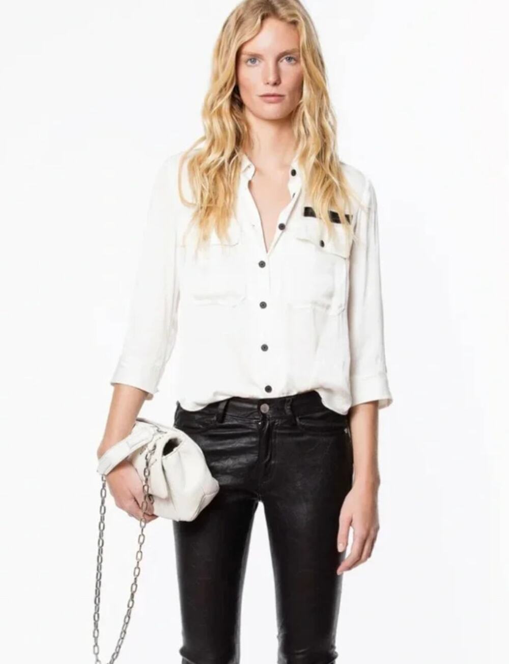 Zadig & Voltaire Toast Womens L Judo White Black Satin Button Up Shirt Luxury